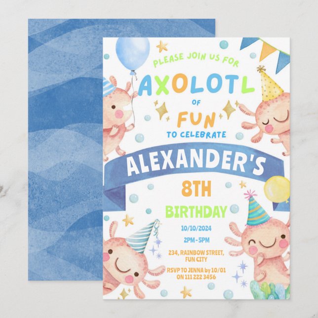 Invitation Blue Axolotl Cute Salamander Anniversaire aquatiqu (Devant / Derrière)