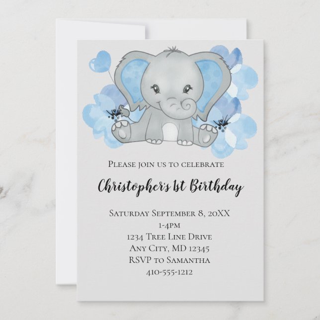 Invitation Blue Baby Boy Elephant Fleurs Ballons Anniversaire (Devant)