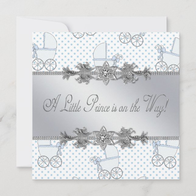 Invitation Blue Baby Carriage Baby Boy Prince Douche (Devant)