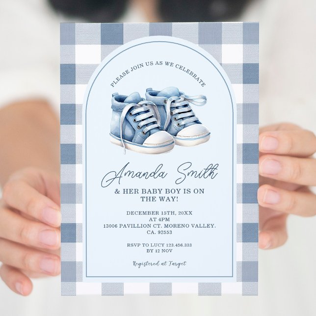 Invitation Blue Baby Chaussures En vichy Baby shower Boy Boot (Créateur téléchargé)