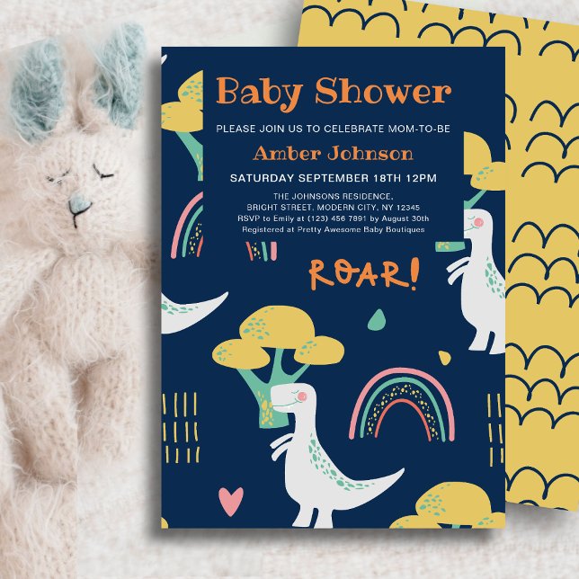 Invitation Blue Baby Dinosaur Rainbow Cute Baby shower (Créateur téléchargé)