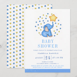 Invitation Blue Baby Elephant et Star Balloon Baby shower