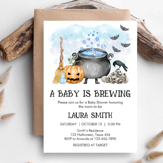 Invitation Blue Baby is Brewing Halloween Baby Shower (Blue Baby is Brewing Halloween Baby Shower Invitation)