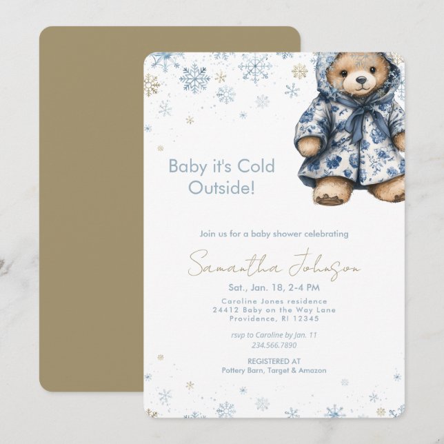 Invitation Blue Baby It's Cold Outside Teddy Bear (Devant / Derrière)