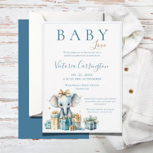 Invitation Blue Baby Love Elephant Aquarelle Baby shower