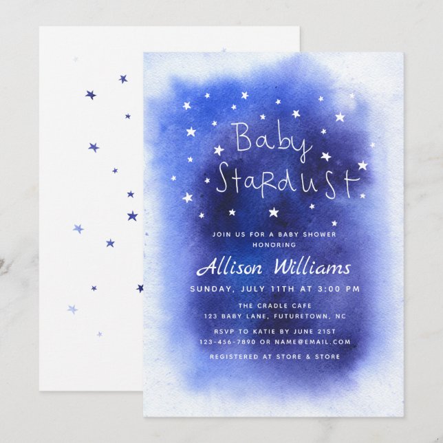 Invitation Blue Baby Stardust Stars Baby shower aquarelle (Devant / Derrière)