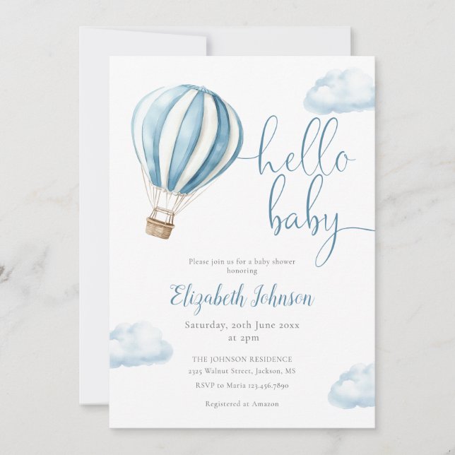 Invitation Blue Balloon Boy QR Code Baby shower photo (Devant)