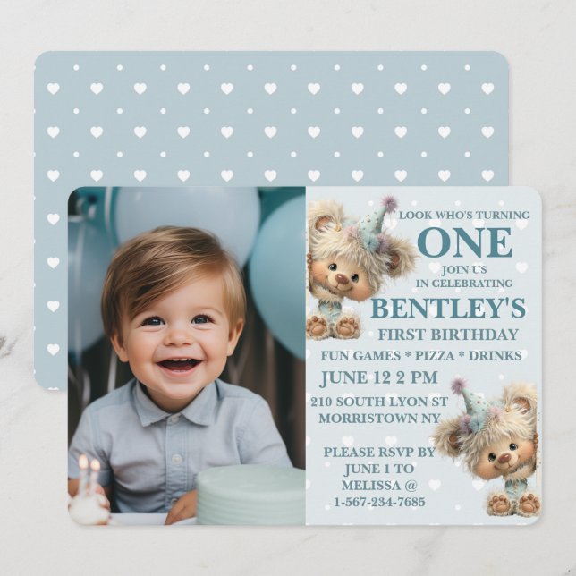 Invitation Blue Balloon Hedgehog Celebration (Devant / Derrière)