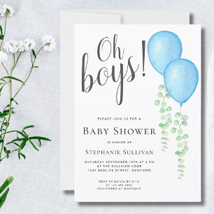 Invitation Blue Balloon Oh Boys Twins Baby shower