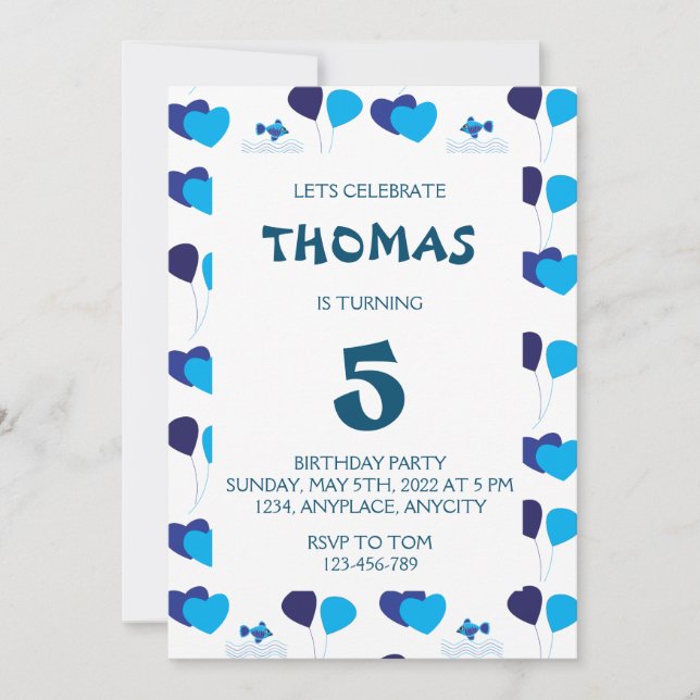 Invitation Blue Balloons Coeurs Boy Anniversaire de enfant Pa (Devant)