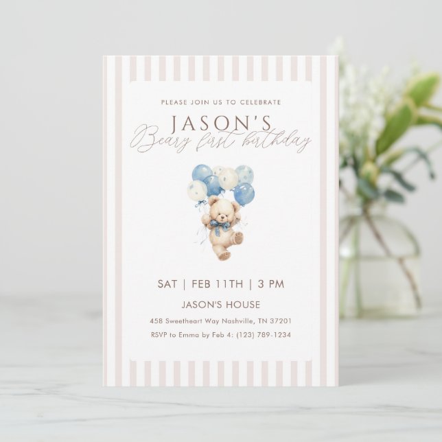 Invitation Blue Balloons Teddy Bear 1st Birthday (Debout devant)