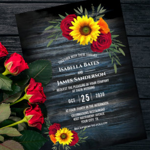Invitation Blue Barne Wood Sunflower Bourgogne Rose Mariage