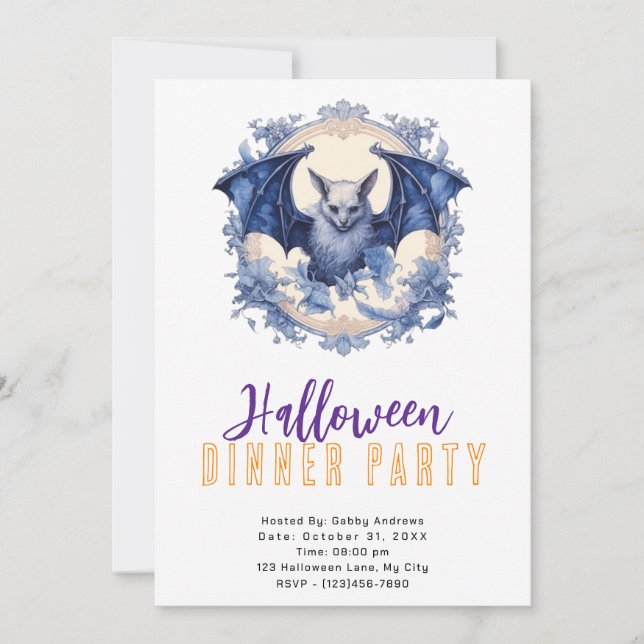 Invitation Blue Bat Blue Fleurs Casquette Dîner d'Halloween (Devant)