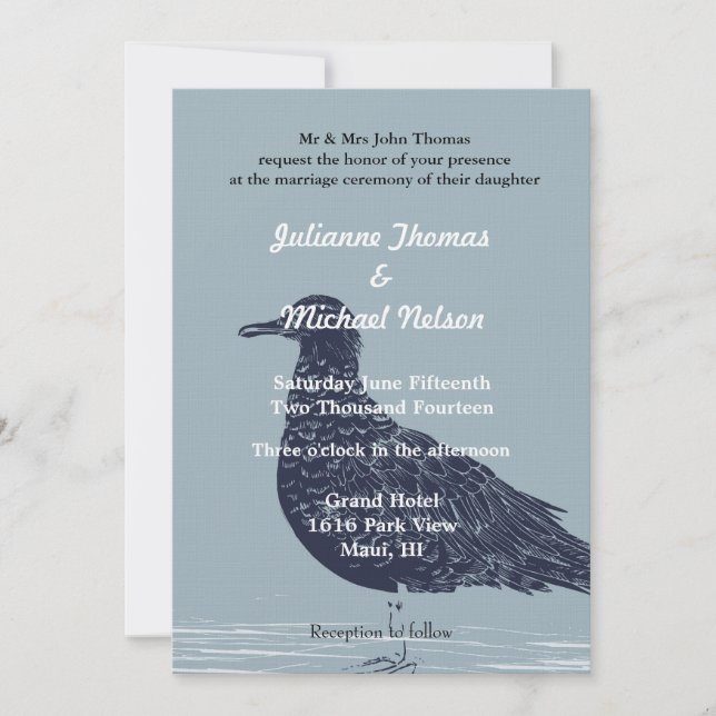 Invitation Blue Beach Bird Mariage (Devant)