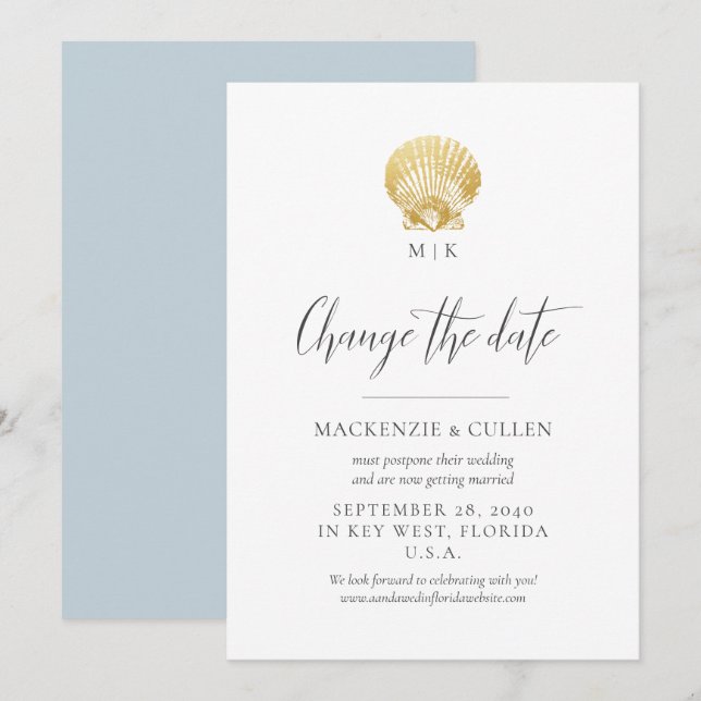 Invitation Blue Beach Monogramme Mariage Modifier la date (Devant / Derrière)
