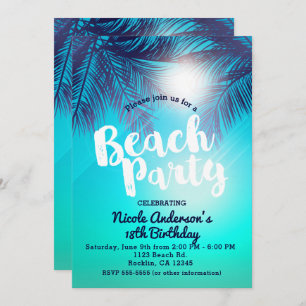 Invitation Blue BEACH PARTY Sunny Palm Trees été Anniversaire