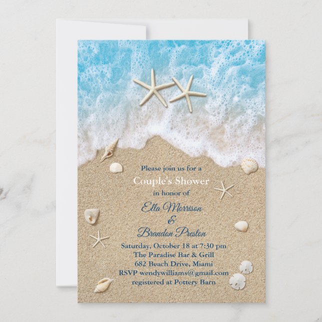 Invitation Blue Beach Waves & Starfish Couple's Shower (Devant)