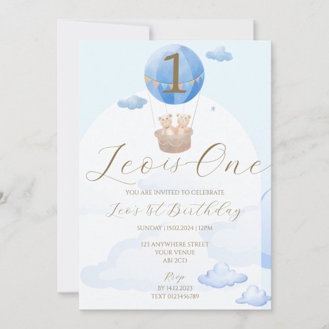 Invitation Blue Bear Balloons Enfants 1er Anniversaire Invita (Devant)