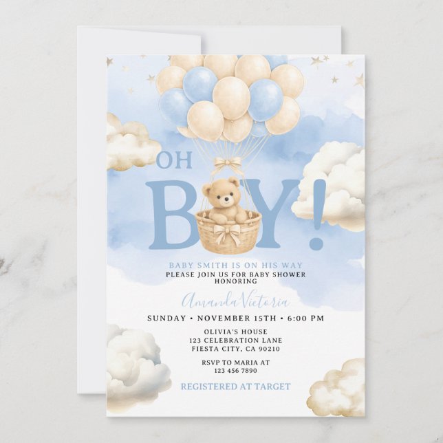 Invitation Blue Bear Cloud Balloon Baby Shower (Devant)