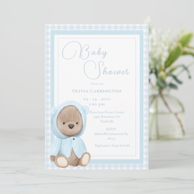 Invitation Blue Bear Gingham Vintage Baby Shower (Debout devant)
