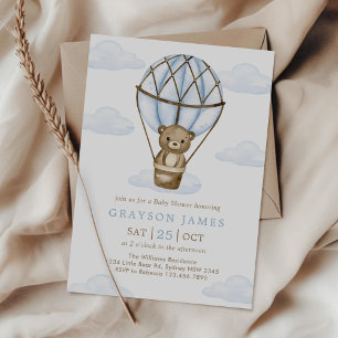 Invitation Blue Bear Hot Air Balloon Baby Boy Douche