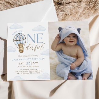 Invitation Blue Bear Hot Air Balloon Boys 1er Birthday Photo