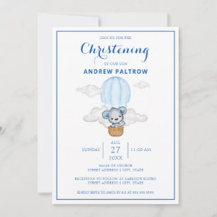 Invitation Blue Bear Hot Air Balloy Boy Christening