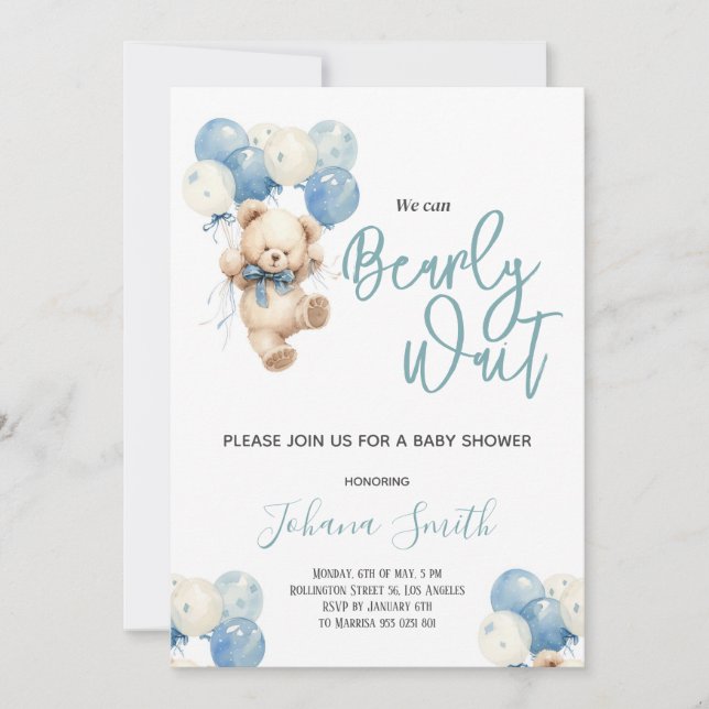 Invitation Blue Bear Nous pouvons Bearly wait Baby shower (Devant)