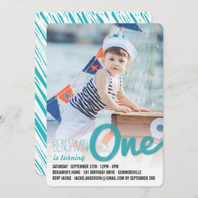 Invitation Blue Big Sketch One Baby Boy First Birthday Party (Devant / Derrière)