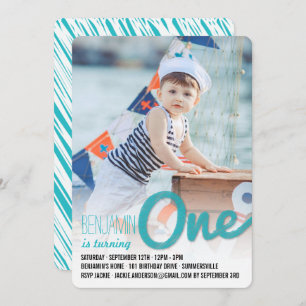 Invitation Blue Big Sketch One Baby Boy First Birthday Party
