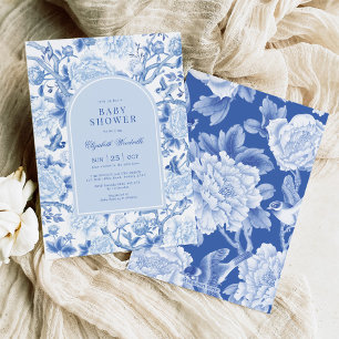 Invitation Blue Bird Peony Chinoiserie Jardin Baby shower