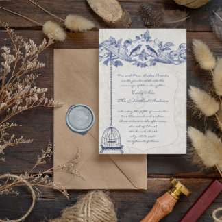 Invitation Blue Birdcage Chêne Vintage Inséparables Mariage