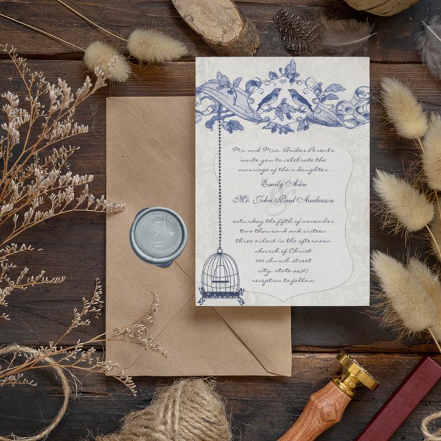 Invitation Blue Birdcage Chêne Vintage Inséparables Mariage (Créateur téléchargé)