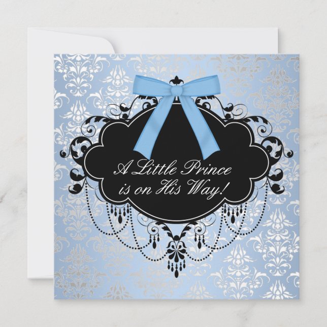 Invitation Blue Black Damask Prince Baby Boy Douche (Devant)