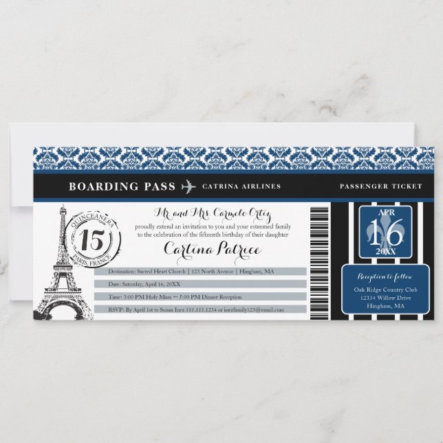 Invitation Blue Black Damask Quinceanera Paris Embarquement P (Devant)