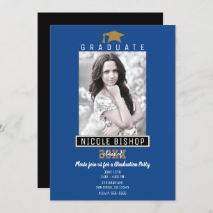 Invitation Blue Black Gold Modern Graduation Photo Party 
