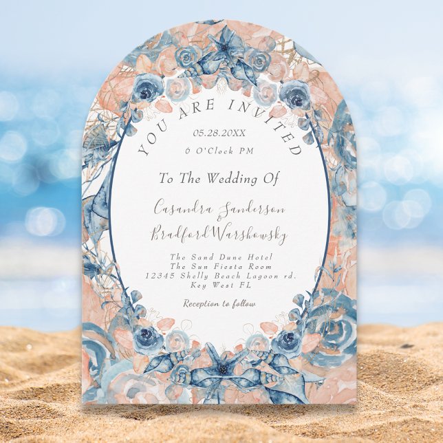 Invitation Blue Blush Beach Aquarelle Shell Flowers Mariage (Créateur téléchargé)