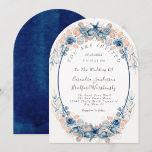 Invitation Blue Blush Beach Aquarelle Shell Flowers Mariage