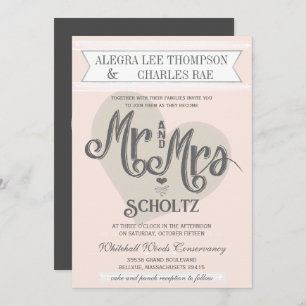 Invitation Blue Blush Peach M. et Mme Mariage de typographie