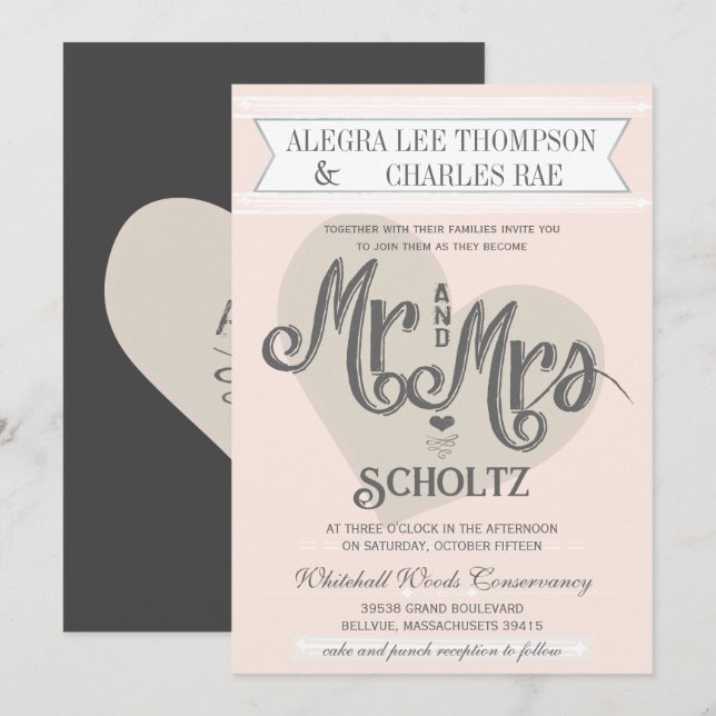 Invitation Blue Blush Peach M. et Mme Mariage de typographie (Devant / Derrière)