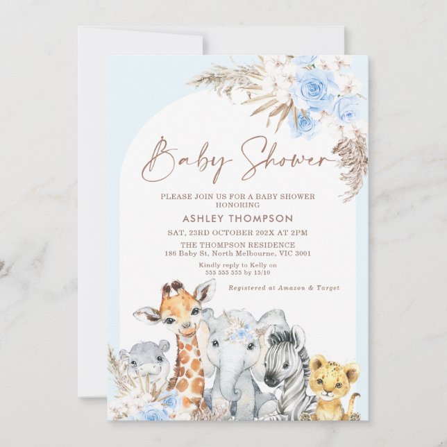 Invitation Blue Boho Arc Floral Safari Animaux Baby shower (Devant)