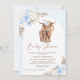 Invitation Blue Boho Floral Arch Highland Cow Baby shower