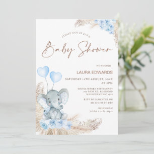 Invitation Blue Boho Floral Boys Elephant baby shower