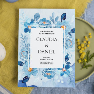 Invitation Blue Boho Floral Élégant & Mariage chic