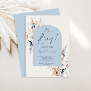Invitation Blue Boho Floral Pampas Baby shower en herbe Garço