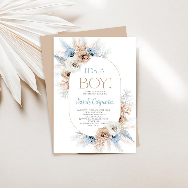 Invitation Blue Boho Floral Pampas Baby shower en herbe Garço (Créateur téléchargé)