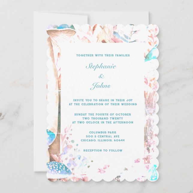 Invitation Blue Boho Mushroom Art Woodland Mariage 2024 (Devant)