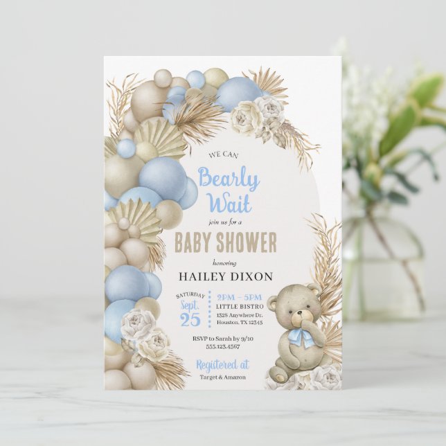 Invitation Blue Boho Pampas Grass Teddy Bear Baby shower (Debout devant)