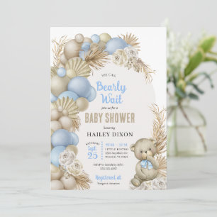 Invitation Blue Boho Pampas Grass Teddy Bear Baby shower