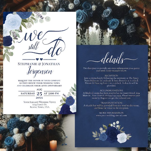 Invitation Blue Boho Roses Nous Faisons Toujours Vow Renouvel (Front/Back)